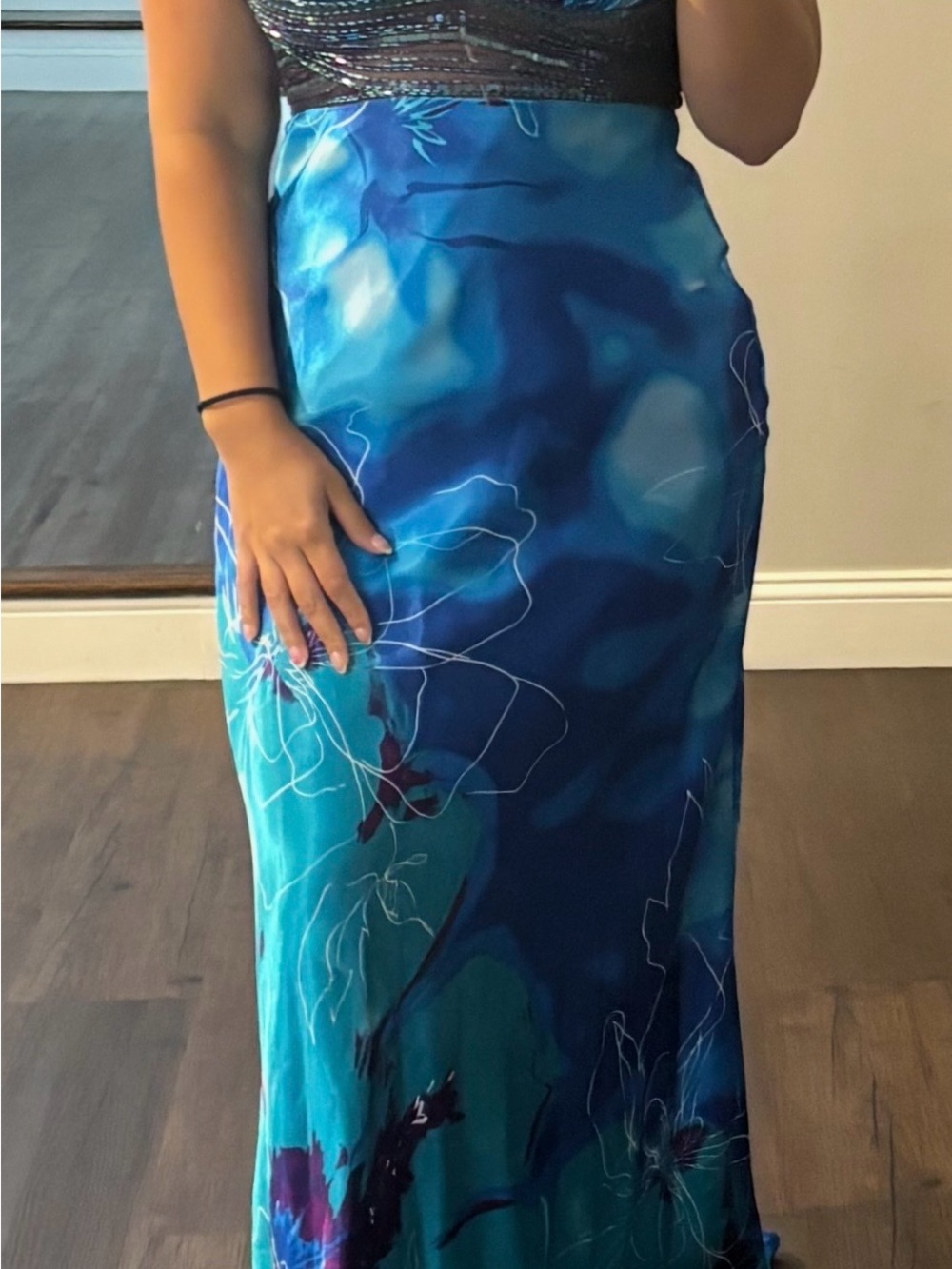 Blue Floral Satin Evening Dress - Sleeveless Maxi